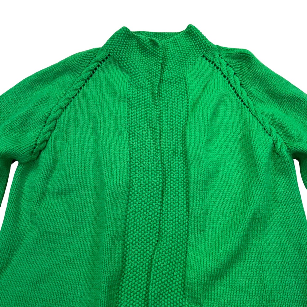 Hand Knit Chunky Knit Cardigan Womens L Green Mock Neck Cable Open Front Sweater